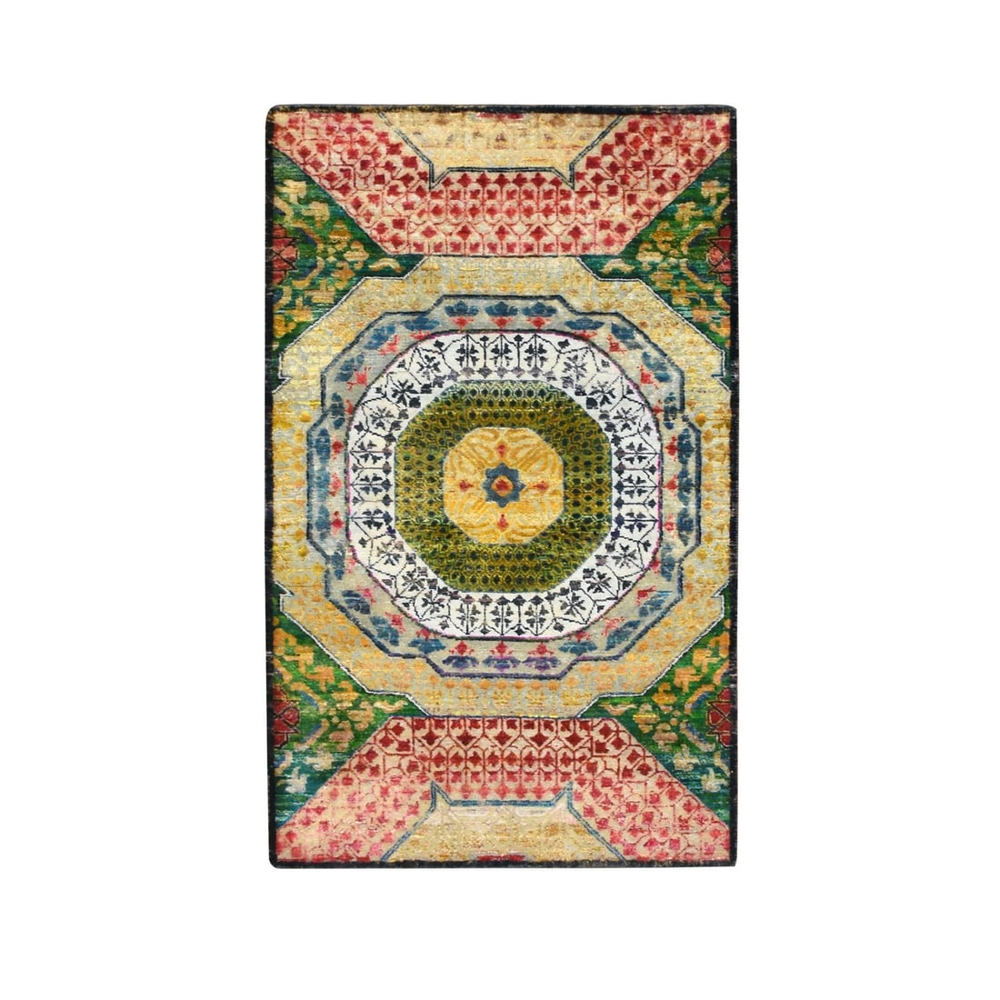 Rug 3'2"x5'2" Yellow Colorful Mamluk Design Hand Knotted Silk with Wool: Rug 3'2"x5'2" Yellow Colorful Mamluk Design Hand Knotted Silk with Wool Experience the vibrant beauty of Indian craftsmanship with this stunning 3'2"x5'2" Mamluk design hand-knotted silk and wool rug,