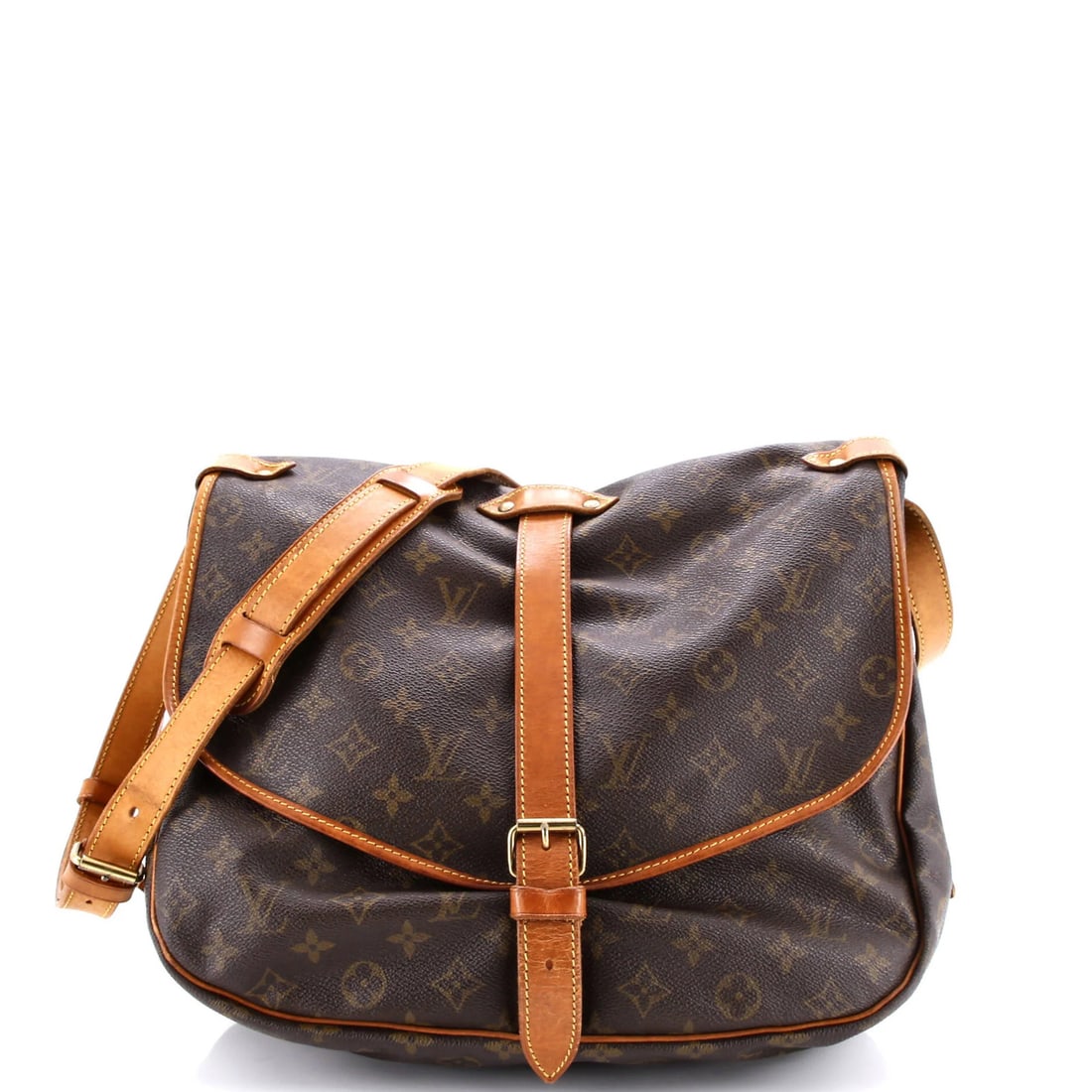 35 Louis Vuitton Saumur Handbag Monogram Canvas: 35 Louis Vuitton Saumur Handbag Monogram Canvas A pre-owned Louis Vuitton Saumur Handbag in rich brown canvas, boasting the iconic monogram pattern, offers a stylish and practical accessory for everyd