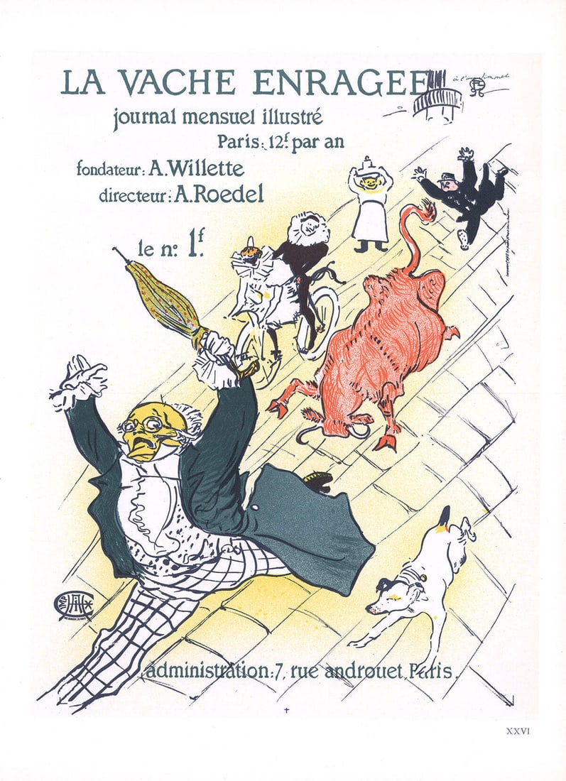 Nou HENRI DE TOULOUSE-LAUTREC La Vache Enragee 14.5" x 10.5" Lithograph 1966 Art: Nou HENRI DE TOULOUSE-LAUTREC La Vache Enragee 14.5" x 10.5" Lithograph 1966 Art A stunning lithograph by Henri de Toulouse-Lautrec, La Vache Enragee (The Angry Cow) from 1966, showcases the artist's