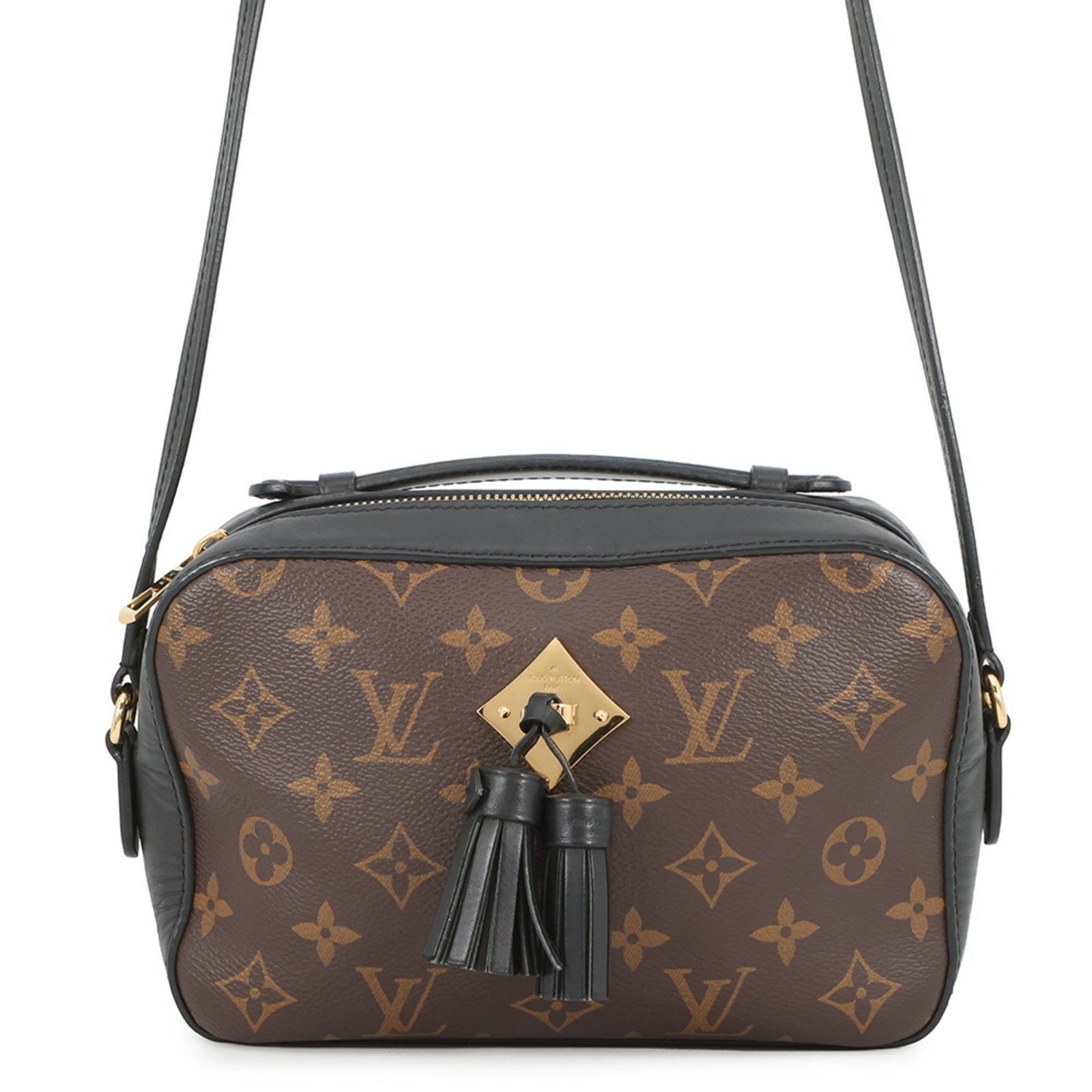 Louis Vuitton Monogram Leather Shoulder Bag: Louis Vuitton Monogram Leather Shoulder Bag Experience the timeless elegance of Louis Vuitton's iconic monogram pattern in this stunning black leather shoulder bag. Crafted from high-quality calf leat