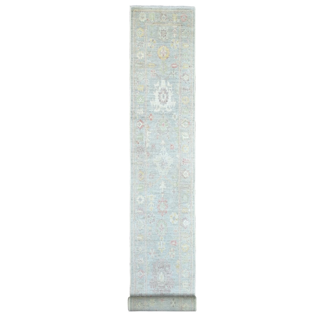 Blueish Gray Angora Oushak Leaf Design Hand-Knotted Wool Runner (2'6"x23'4"): Blueish Gray Angora Oushak Leaf Design Hand-Knotted Wool Runner (2'6"x23'4") Experience the timeless beauty of Afghan craftsmanship in this stunning Blueish Gray Angora Oushak Leaf Design Hand-Knotted