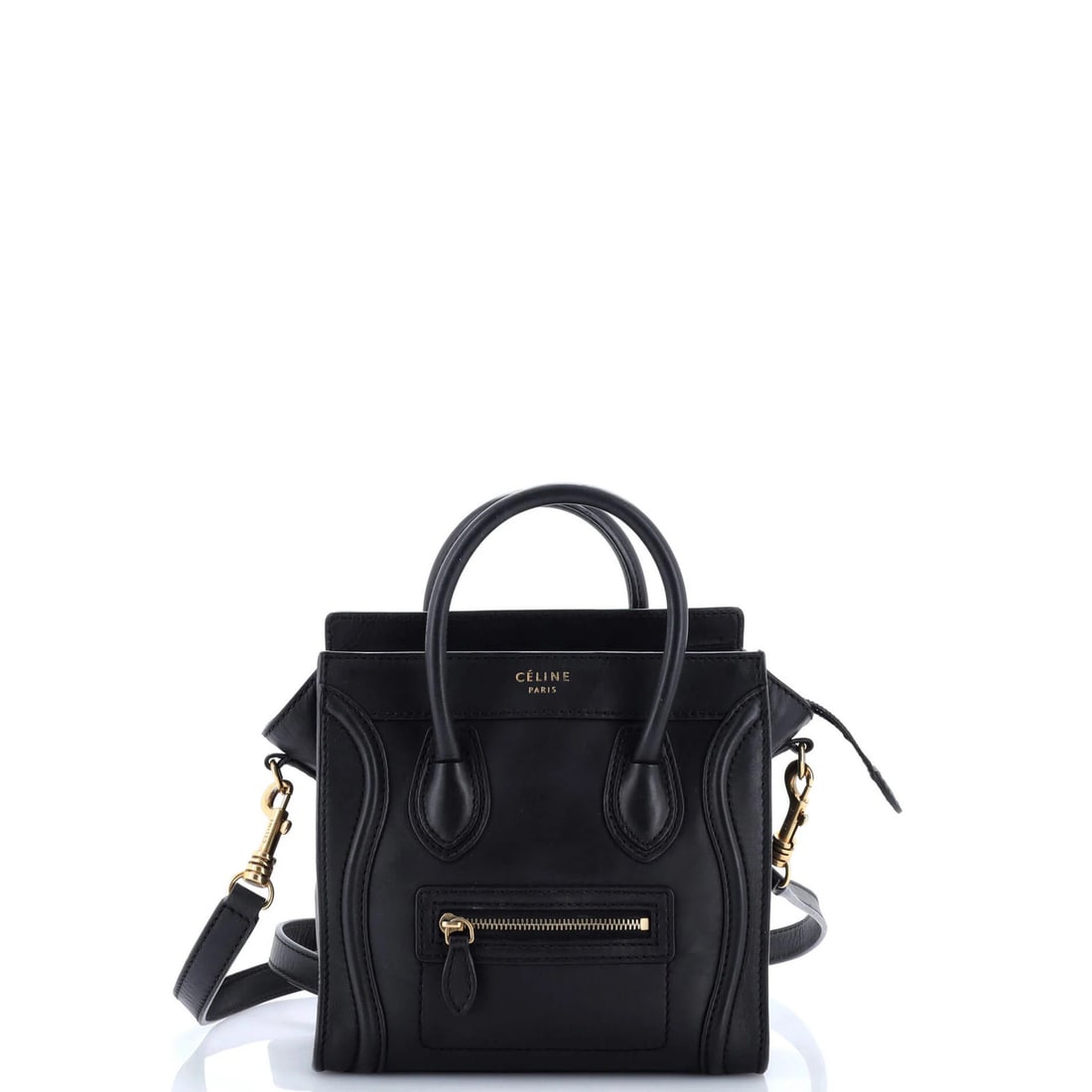 Celine Smooth Leather Nano Luggage Bag: Celine Smooth Leather Nano Luggage Bag Experience the epitome of understated luxury with this sleek Celine Smooth Leather Nano Luggage Bag, boasting a timeless black leather exterior and aged gold har