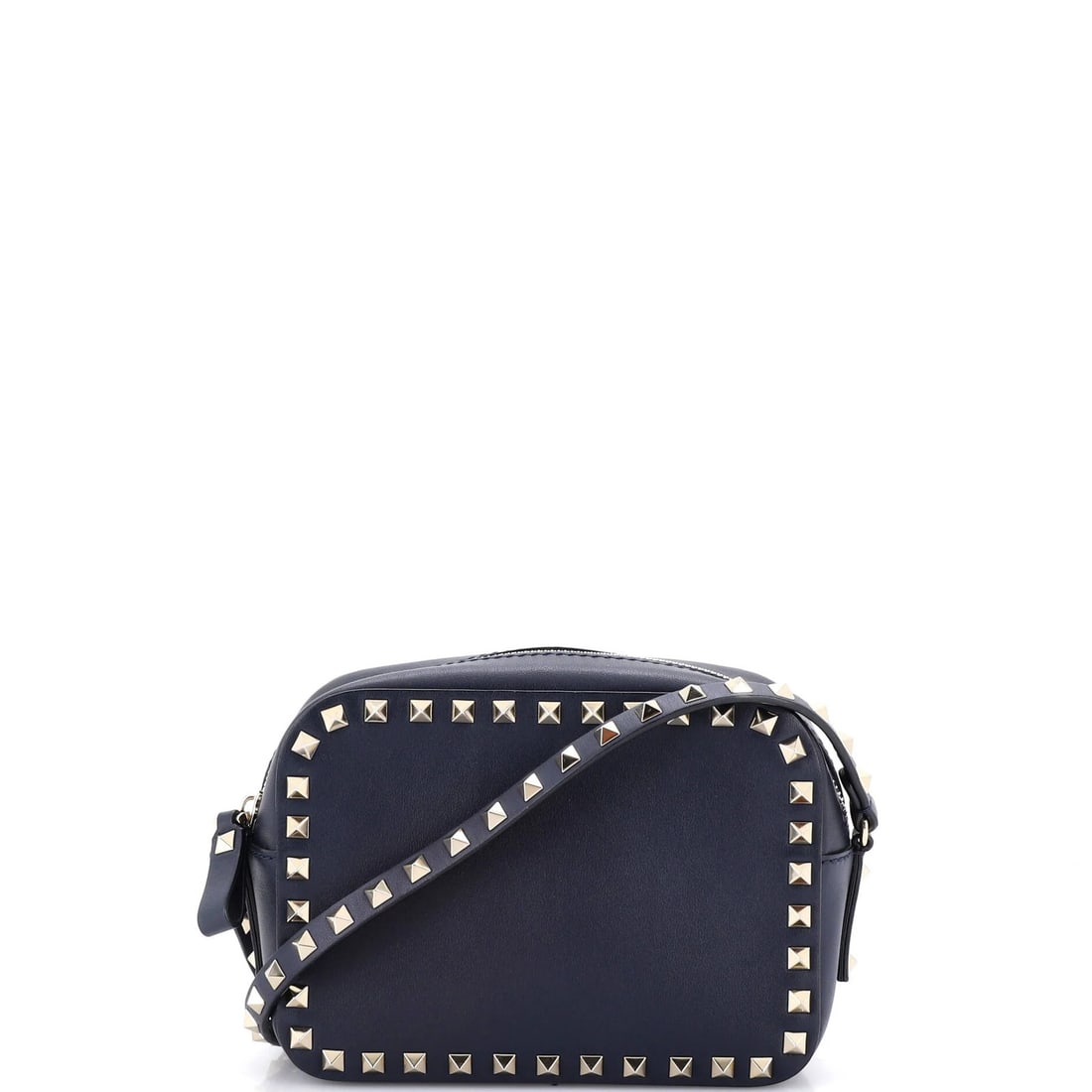 Valentino Garavani Rockstud Camera Crossbody Leather Bag: Valentino Garavani Rockstud Camera Crossbody Leather Bag The Valentino Garavani Rockstud Camera Crossbody Leather Bag is a stunning, blue leather handbag that exudes luxury and sophistication. With it
