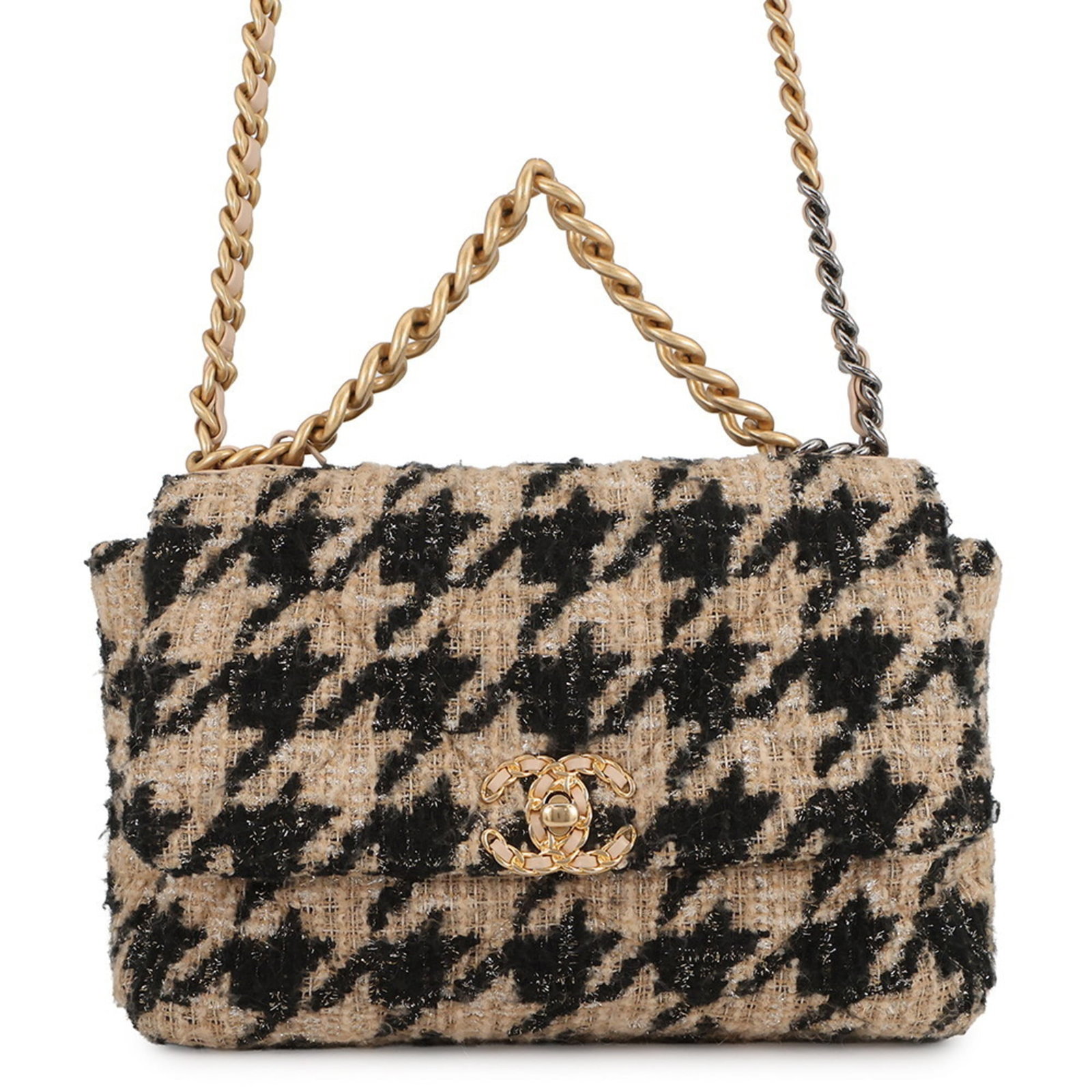 Tweed Chanel Shoulder Bag: Tweed Chanel Shoulder Bag A timeless and sophisticated tweed shoulder bag, this Chanel piece exudes classic elegance with its rich beige and black hues. With its sturdy 114cm strap and spacious interi