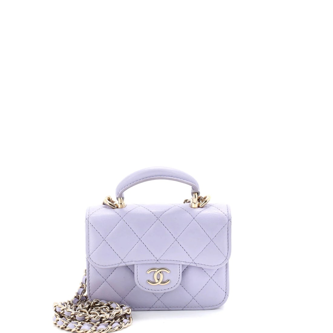 Lambskin Chanel Top Handle Flap Coin Purse with Chain Quilted: Lambskin Chanel Top Handle Flap Coin Purse with Chain Quilted A stunning Chanel top handle flap coin purse with chain quilted lambskin exterior, this luxurious purple bag boasts a sleek design and pre