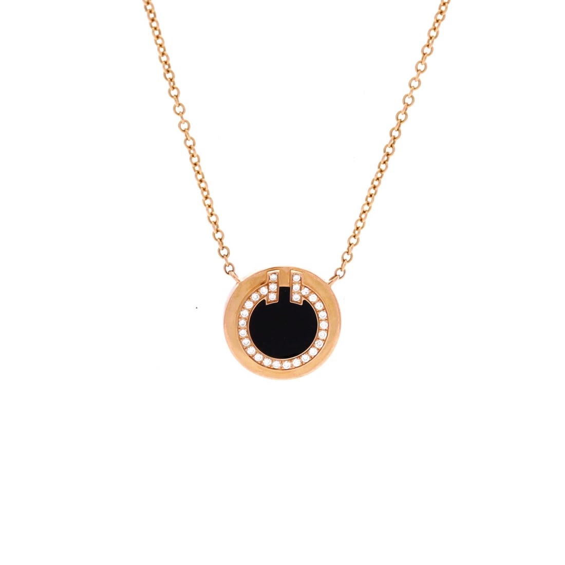 Diamonds Tiffany & Co. T Circle Pendant Necklace 18K Rose Gold with Onyx and: Diamonds Tiffany & Co. T Circle Pendant Necklace 18K Rose Gold with Onyx and Elevate your elegance with the iconic Tiffany & Co. T Circle Pendant Necklace, featuring 18K rose gold and stunning onyx