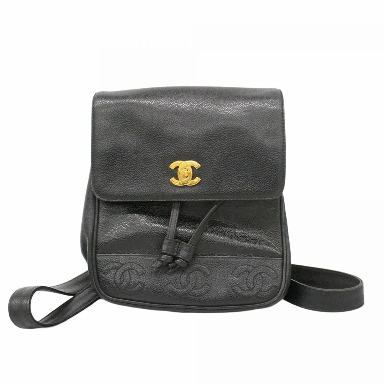 Chanel Calfskin Backpack: Chanel Calfskin Backpack A timeless and sophisticated Chanel backpack, crafted from rich grained calfskin, adds an effortless touch of luxury to any outfit. With its sleek black design and gold hardwa