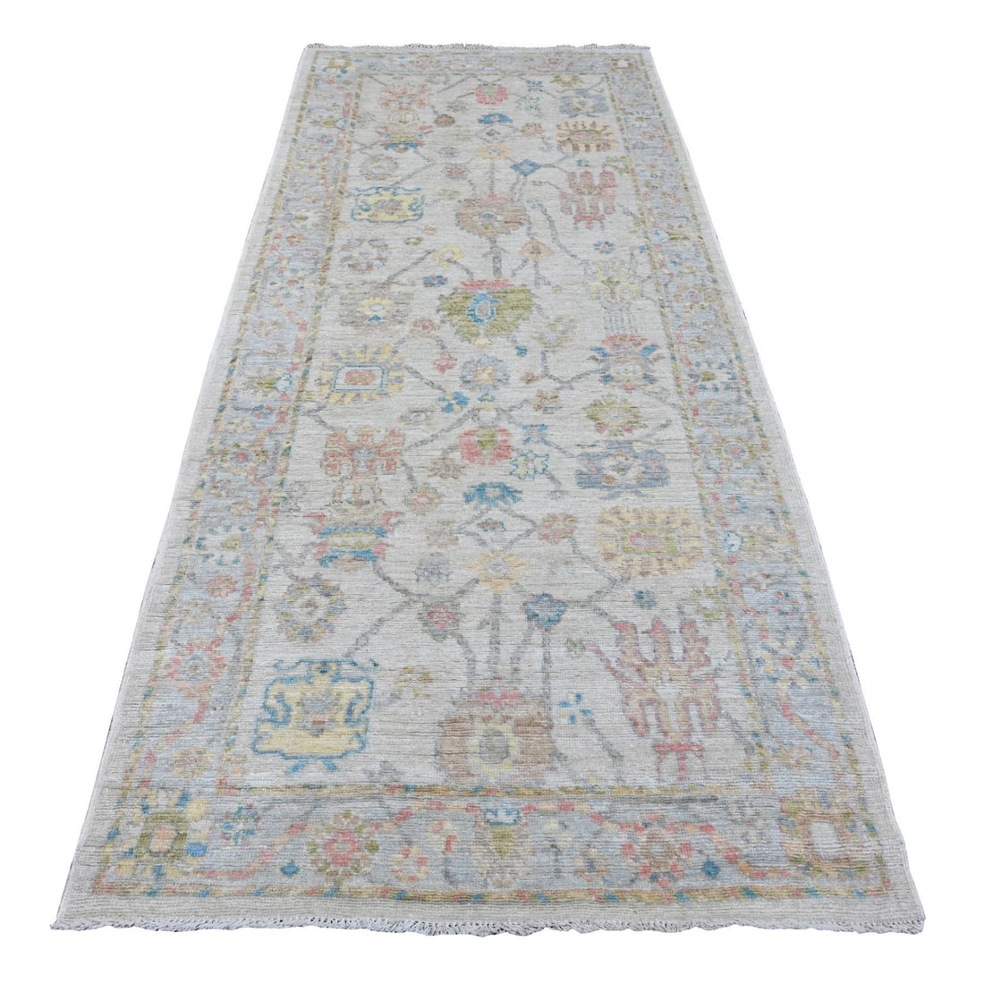 Rug 4'1"x9'6" White Hand Knotted Angora Oushak Leaf Design Wool Runner: Rug 4'1"x9'6" White Hand Knotted Angora Oushak Leaf Design Wool Runner Experience the timeless beauty of Afghan craftsmanship with this stunning hand-knotted Oushak wool runner, boasting an intricate