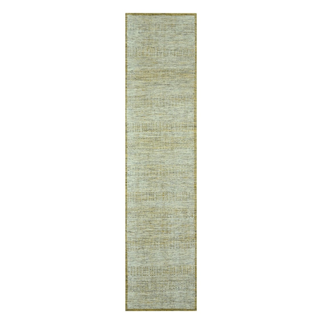 Design 2'6"x12' Yellow Pure Wool Runner Rug Hand Knotted Distressed Grass: Design 2'6"x12' Yellow Pure Wool Runner Rug Hand Knotted Distressed Grass Experience the warmth and elegance of India's rich cultural heritage with this stunning 2000-year-old hand-knotted wool runner