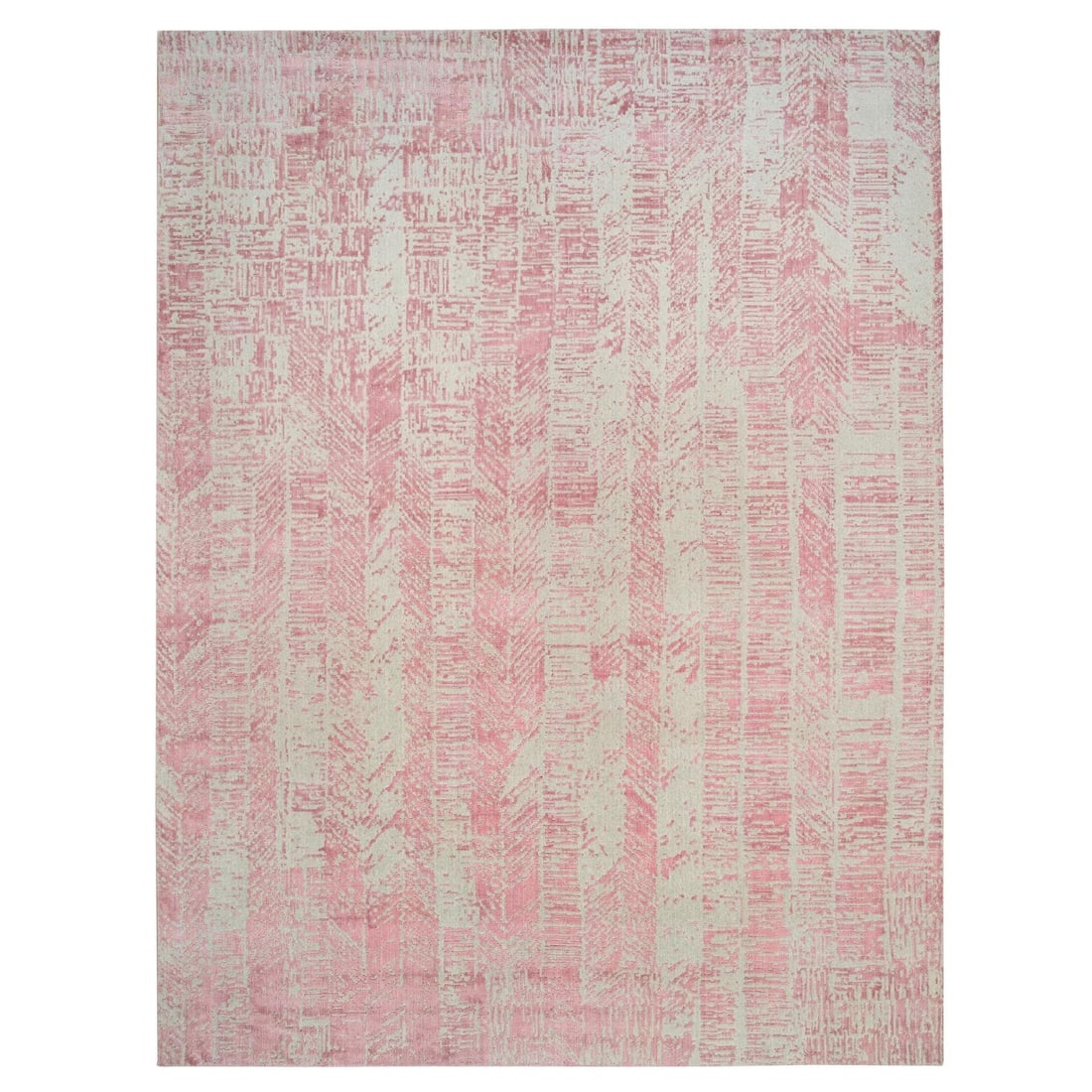 Rug 11'10"x15'1" Pink Jacquard Hand Loomed Wool and Art Silk Oversized: Rug 11'10"x15'1" Pink Jacquard Hand Loomed Wool and Art Silk Oversized Experience the rich beauty of India with this stunning, hand-loomed wool and art silk pink rug, measuring 11'10"x15'1". Its vibra