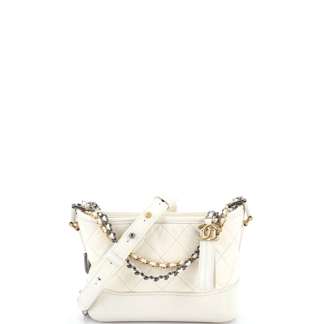 Small Chanel Gabrielle Hobo Quilted Aged Calfskin: Small Chanel Gabrielle Hobo Quilted Aged Calfskin A timeless piece from the iconic Chanel Gabrielle Hobo collection, this quilted Aged Calfskin bag boasts a neutral exterior with subtle pilling and