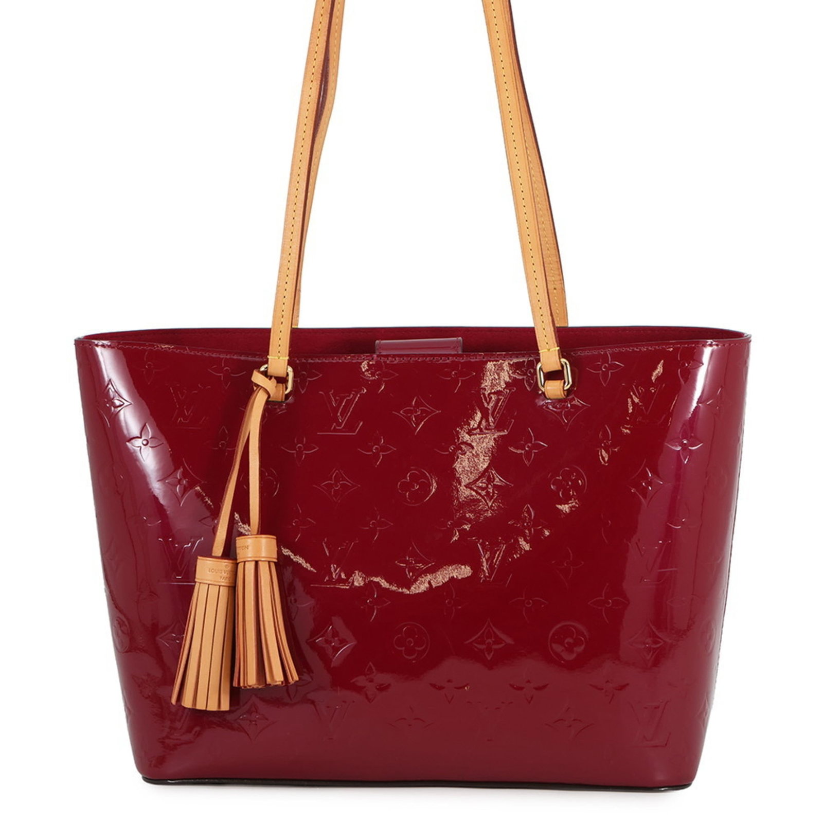 Louis Vuitton Monogram Vernis Tote Bag: Louis Vuitton Monogram Vernis Tote Bag Experience the iconic style of Louis Vuitton with this stunning Monogram Vernis Tote Bag, boasting the signature magenta monogram pattern and gold hardware that