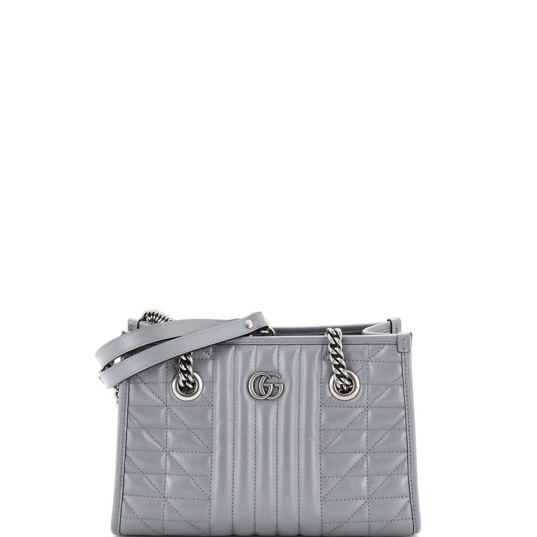 Gucci GG Marmont Aria Chain Tote in Mixed Matelasse Leather - Small: Gucci GG Marmont Aria Chain Tote in Mixed Matelasse Leather - Small Elevate your everyday with the iconic Gucci GG Marmont Aria Chain Tote, crafted from rich mixed matelasse leather in a sleek gray hu