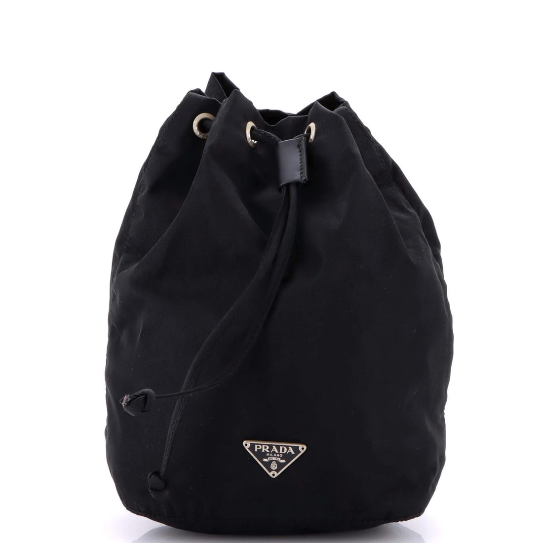 Prada Small Tessuto Drawstring Wristlet Bucket Bag: Prada Small Tessuto Drawstring Wristlet Bucket Bag A sleek and understated Prada small bucket bag, crafted from durable nylon, boasts a timeless design with a signature drawstring closure. With its co
