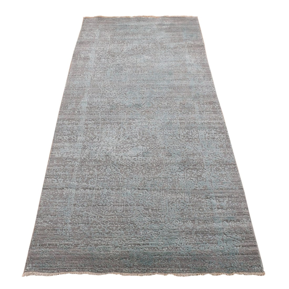 Rug 4'x9'9" Green Broken Farsian Design Wool/ Silk Hand Knotted Runner: Rug 4'x9'9" Green Broken Farsian Design Wool/ Silk Hand Knotted Runner Experience the rich beauty of traditional Indian craftsmanship with this stunning 4'x9'9" Farsian design wool and silk hand-knott