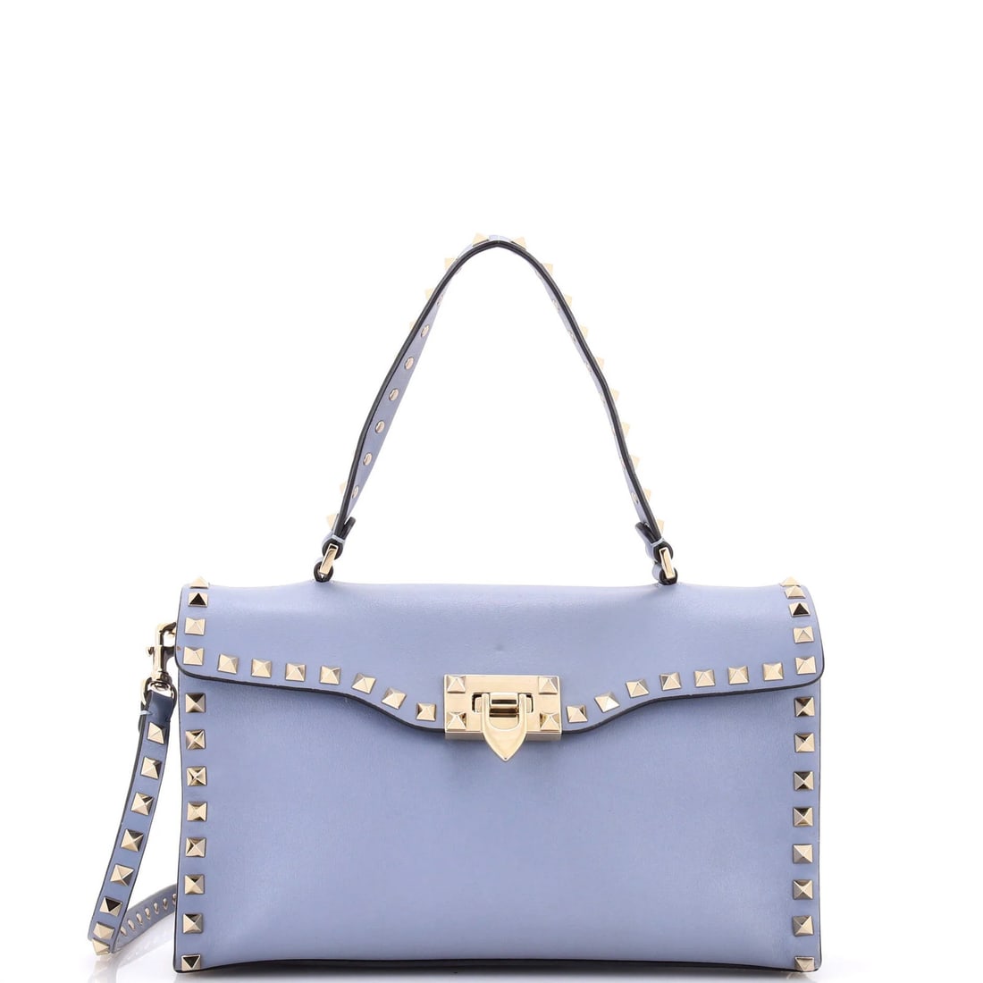Valentino Garavani Rockstud Small Leather Flip Lock Top Handle Bag: Valentino Garavani Rockstud Small Leather Flip Lock Top Handle Bag Elevate your style with the iconic Valentino Garavani Rockstud Small Leather Flip Lock Top Handle Bag, boasting sleek blue leather an