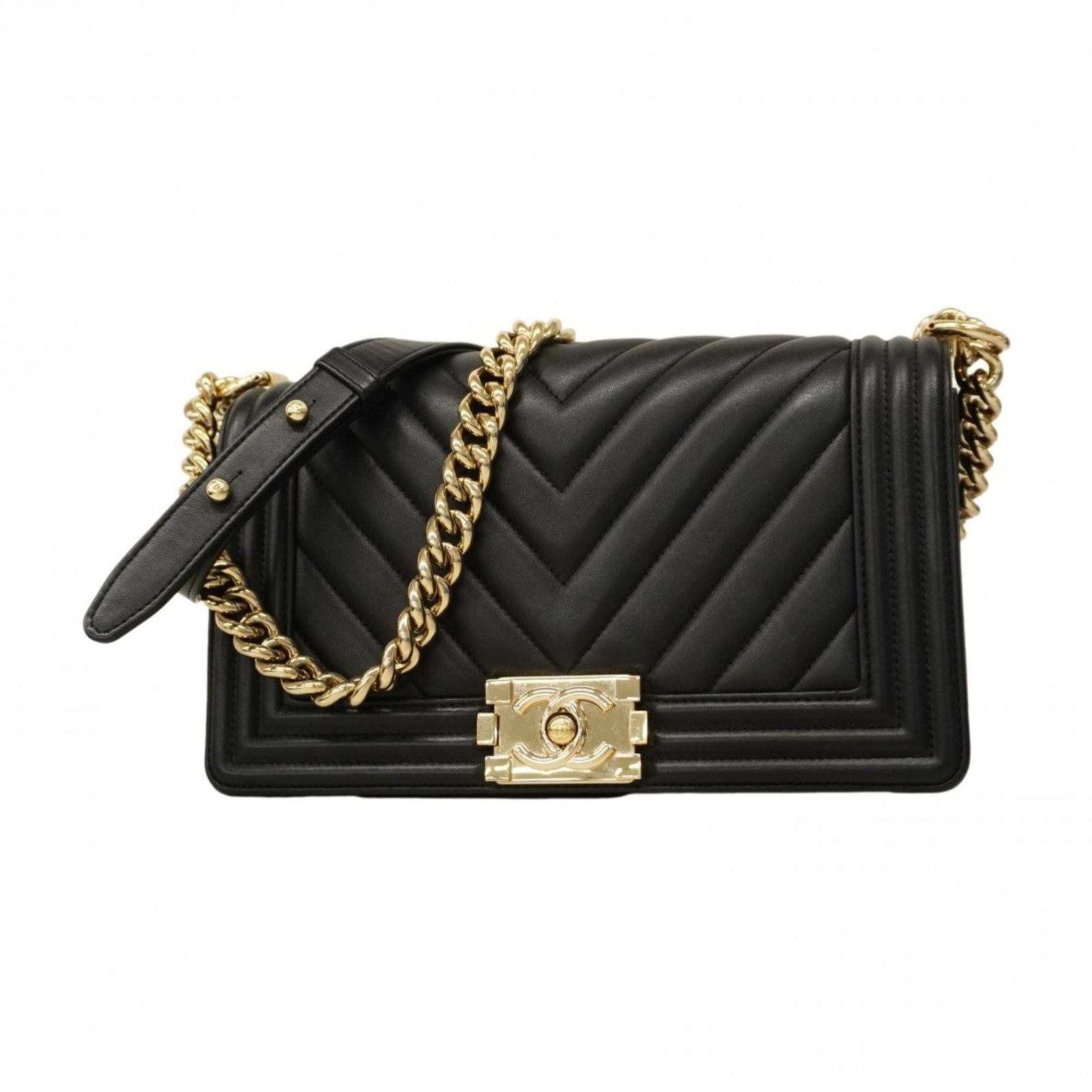 Chanel Leather Shoulder Bag: Chanel Leather Shoulder Bag A timeless Chanel leather shoulder bag in sleek black lambskin, adorned with classic champagne gold hardware. With its spacious interior and comfortable straps, this stylis