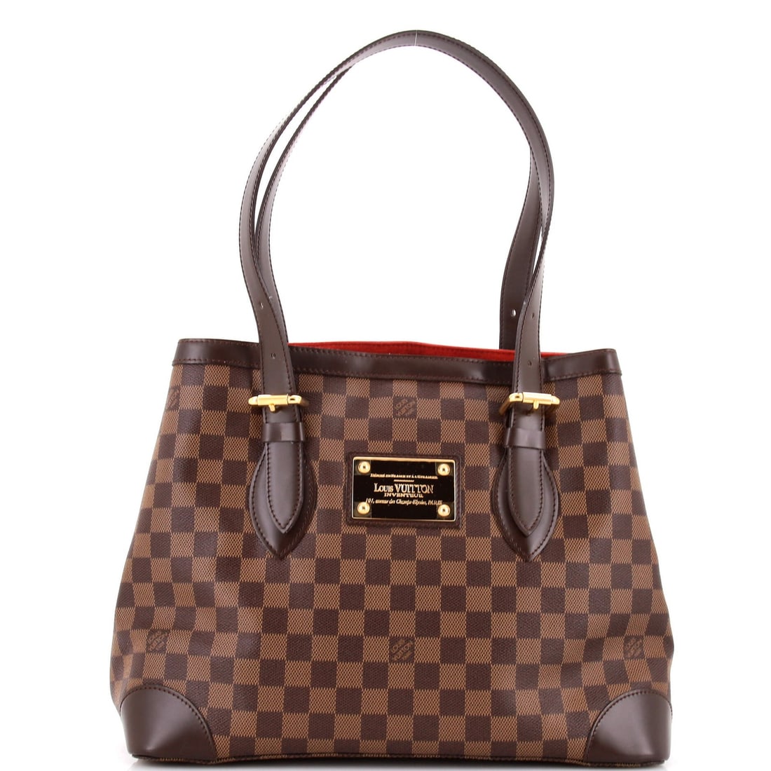 Louis Vuitton Hampstead Damier MM Handbag: Louis Vuitton Hampstead Damier MM Handbag The iconic Louis Vuitton Hampstead Damier MM handbag is a timeless classic, boasting its signature canvas-coated exterior in rich brown and adorned with the i