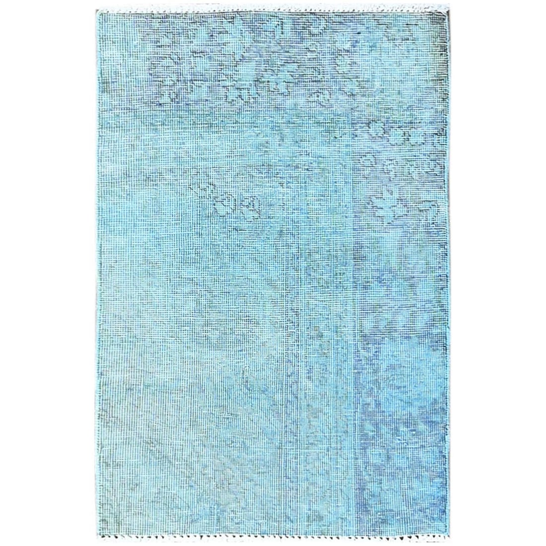 Rug 2'x3'2" Blue Overdyed Vintage Zoroastrian Worn Hand Knotted Pure Wool: Rug 2'x3'2" Blue Overdyed Vintage Zoroastrian Worn Hand Knotted Pure Wool Experience the rich history and cultural heritage of Turkey with this stunning 1960s vintage Zoroastrian hand-knotted wool rug