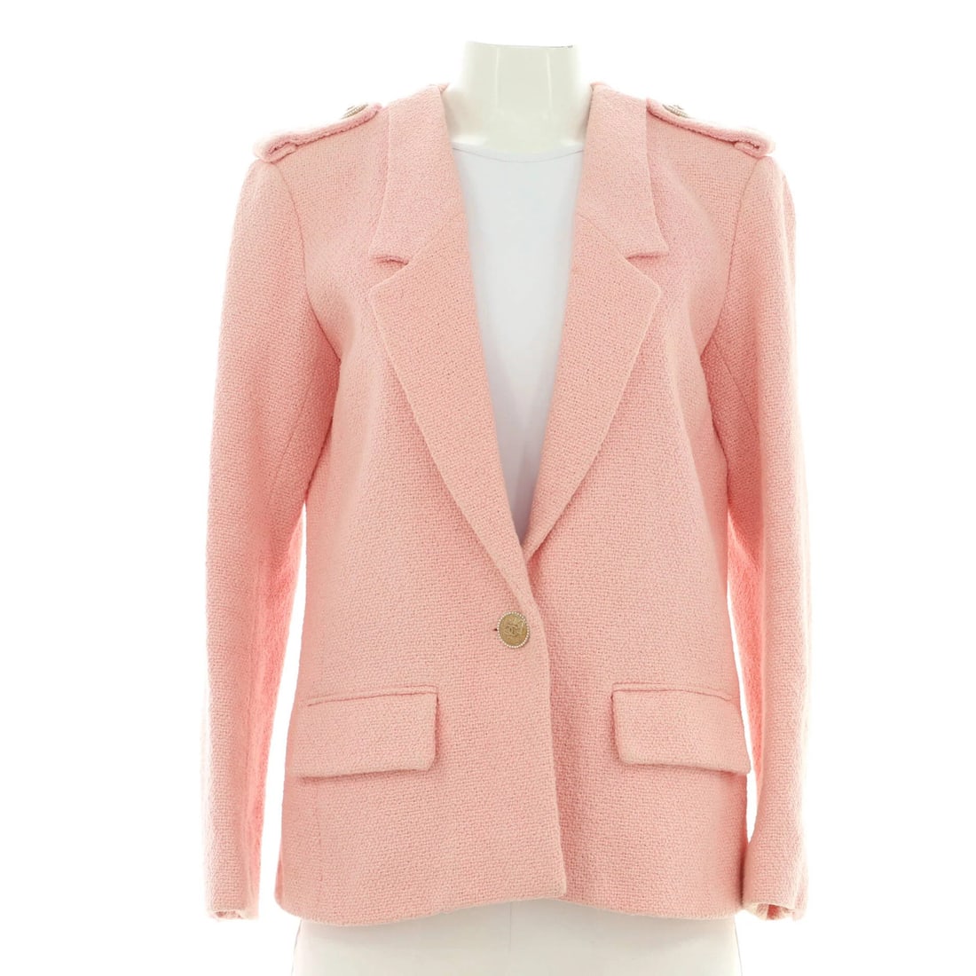 Chanel Women's Single Button Tweed Blazer: Chanel Women's Single Button Tweed Blazer Elevate your wardrobe with this stunning Chanel women's single button tweed blazer, boasting a chic pink hue that adds a pop of personality to any outfit. Cra