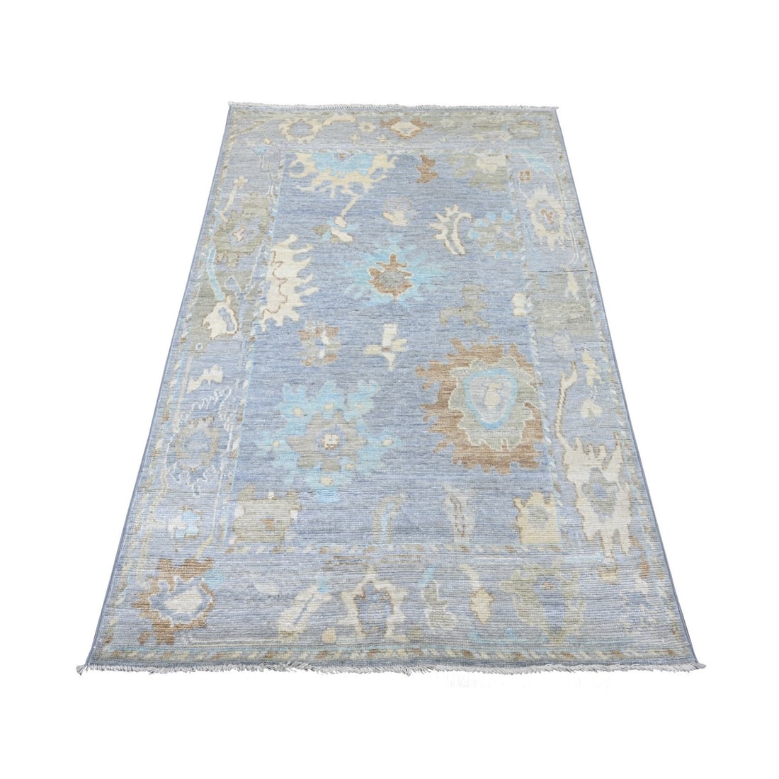 Rug 3'10"x6' Flint Gray Hand Knotted Afghan Angora Oushak Leaf Design Wool: Rug 3'10"x6' Flint Gray Hand Knotted Afghan Angora Oushak Leaf Design Wool Experience the rich cultural heritage of Afghanistan in this stunning, hand-knotted Oushak rug, featuring a beautiful floral