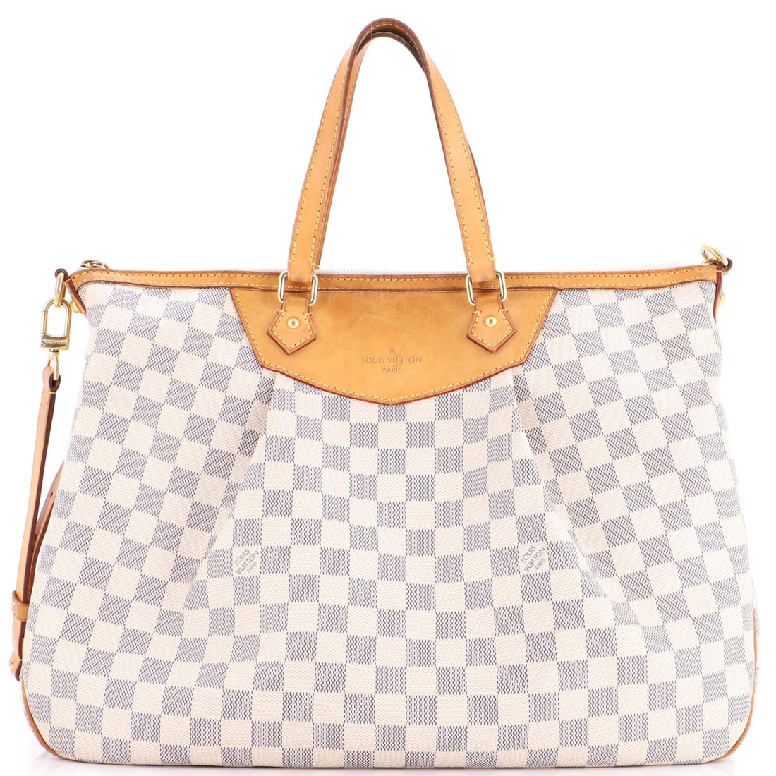 Louis Vuitton Siracusa Damier GM Handbag: Louis Vuitton Siracusa Damier GM Handbag The iconic Louis Vuitton Siracusa Damier GM handbag is a timeless classic, boasting a crisp white canvas exterior with the signature Damier GM pattern and gold