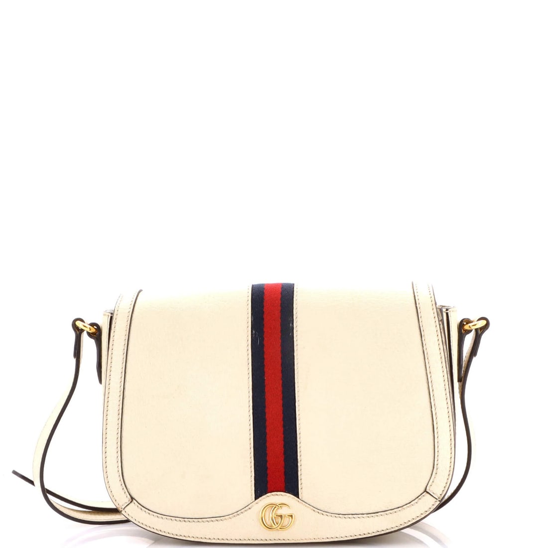 Gucci Ophidia Saddle Flap Leather Small Shoulder Bag: Gucci Ophidia Saddle Flap Leather Small Shoulder Bag Experience the timeless elegance of Gucci's Ophidia Saddle Flap Leather Small Shoulder Bag, boasting a neutral canvas-coated exterior and rich gold