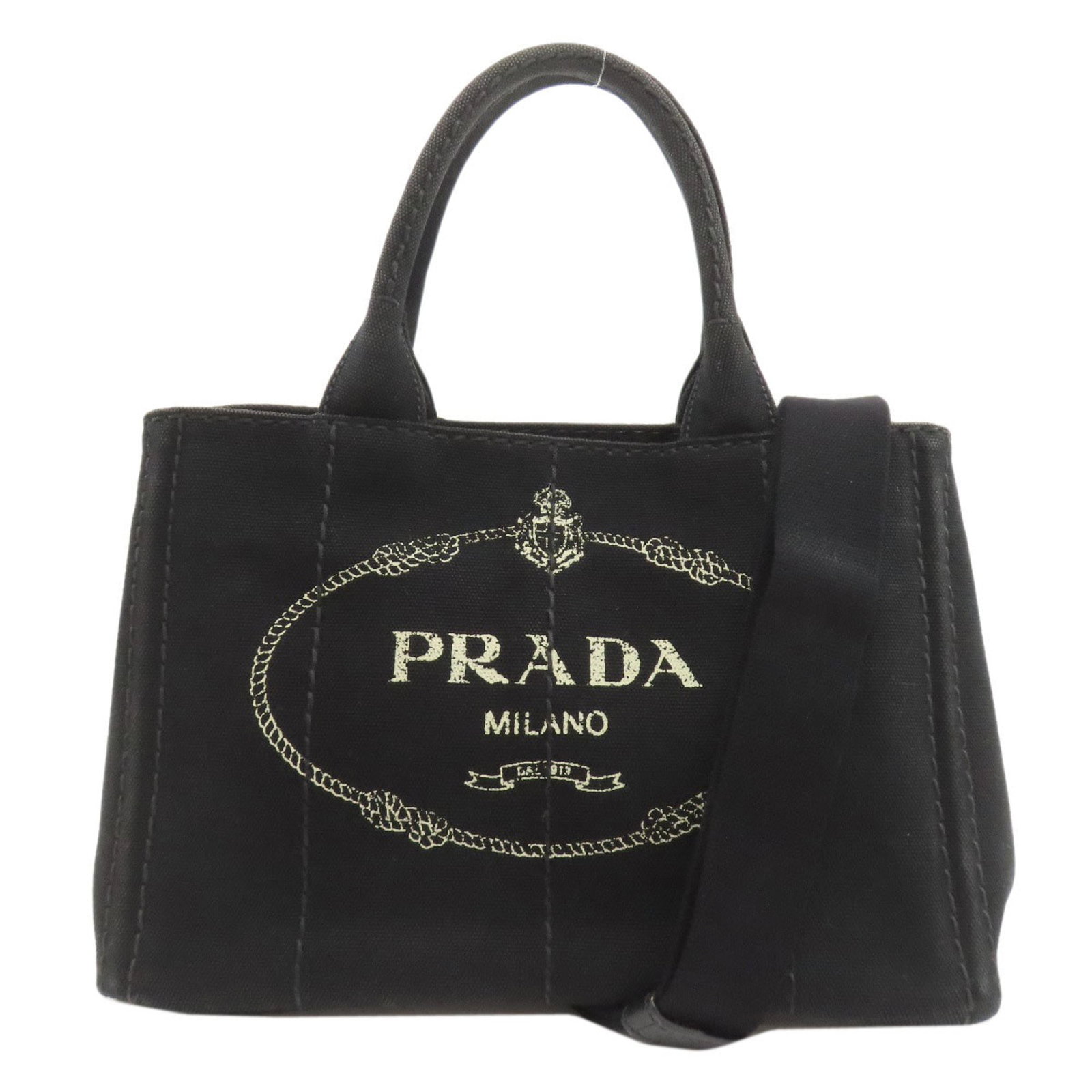 Prada Canvas Handbag: Prada Canvas Handbag A sleek and sophisticated Prada canvas handbag in black, boasting a spacious interior with multiple pockets for organization - including a zipper pocket, open pocket, and magnet p