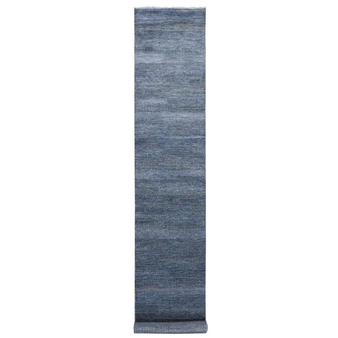Modern Gray Wool & Silk Hand-Knotted Runner Rug (2'7"x14'): Modern Gray Wool & Silk Hand-Knotted Runner Rug (2'7"x14') Experience the timeless elegance of India's rich cultural heritage in this stunning modern gray wool and silk hand-knotted runner rug, expert