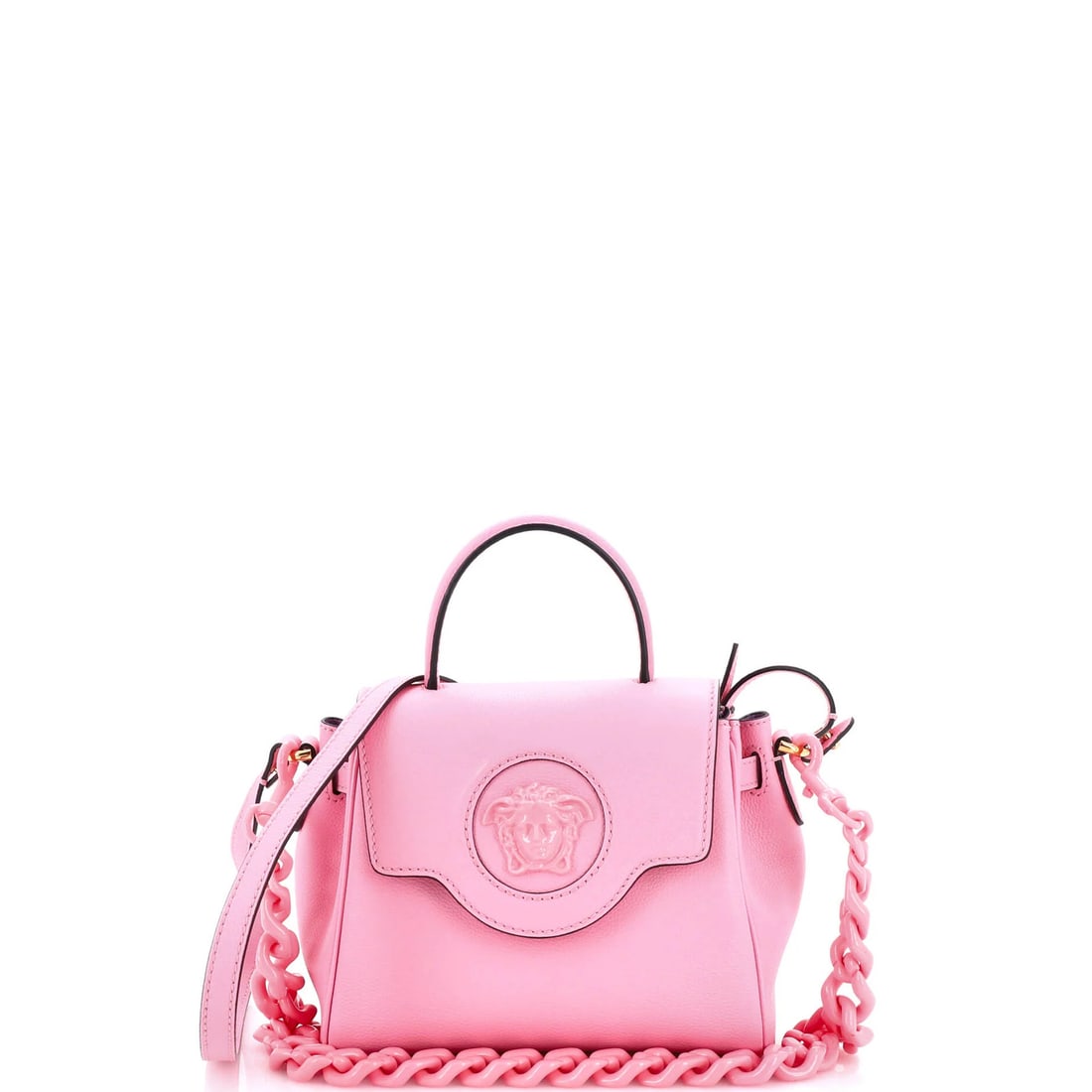 Versace La Medusa Small Leather Top Handle Bag: Versace La Medusa Small Leather Top Handle Bag The Versace La Medusa Small Leather Top Handle Bag is a stunning, petite purse that exudes luxury and sophistication. With its sleek pink leather exterio