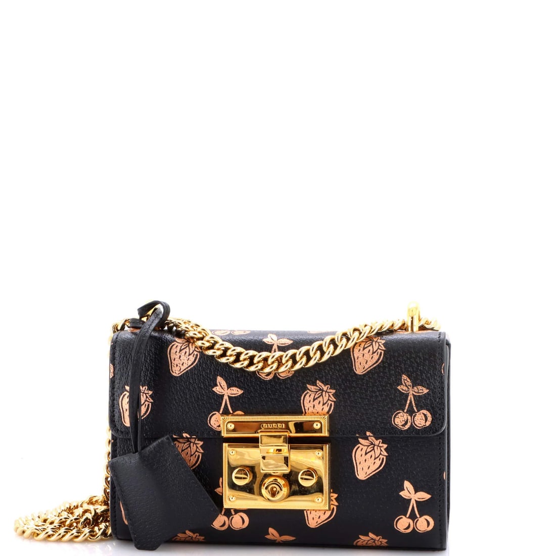 Gucci Small Printed Leather Shoulder Bag with Padlock: Gucci Small Printed Leather Shoulder Bag with Padlock Elevate your style with the iconic Gucci Padlock shoulder bag, boasting sleek black leather exterior and subtle gold hardware. This versatile