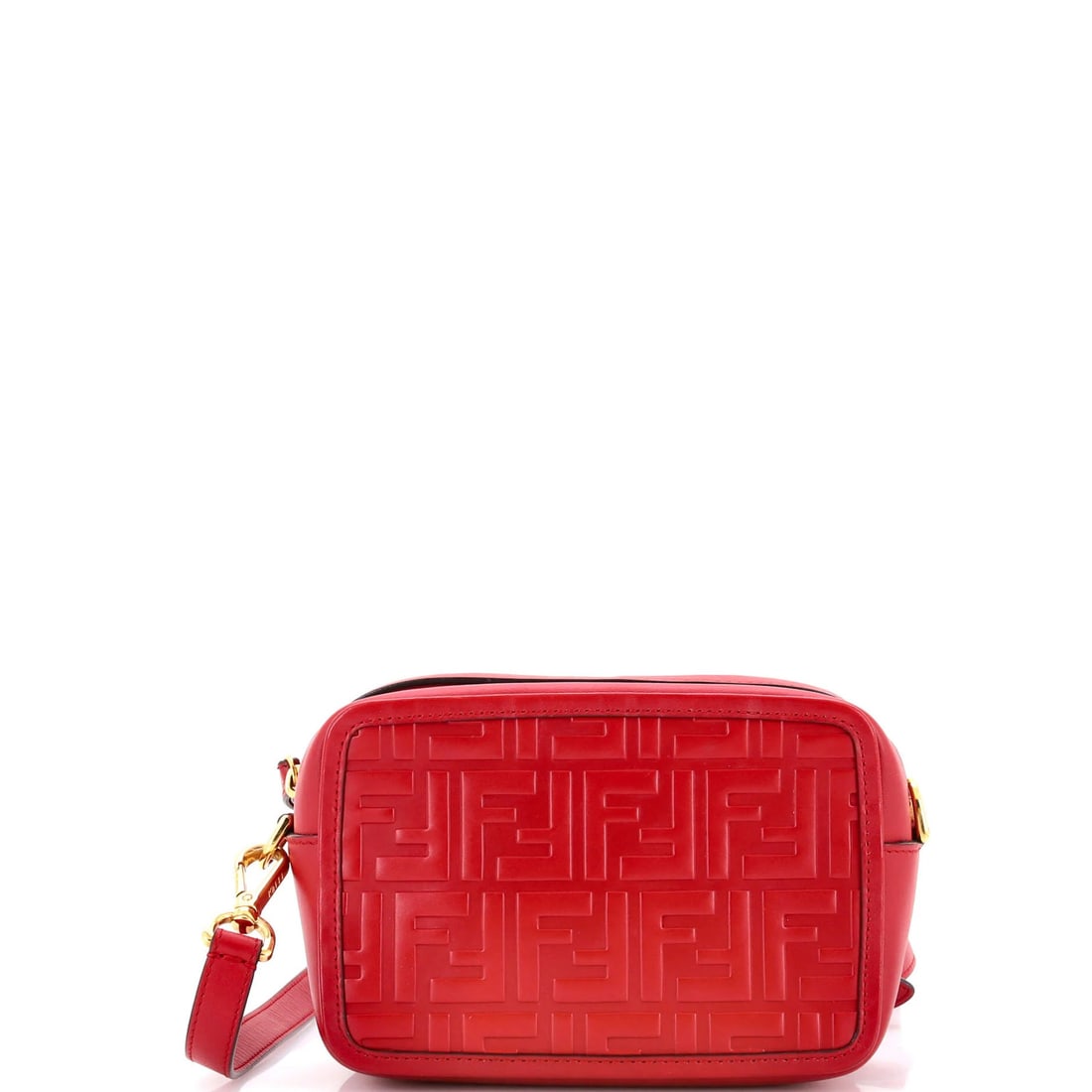 Fendi Zucca Embossed Leather Small Camera Bag: Fendi Zucca Embossed Leather Small Camera Bag Elevate your daily essentials with the iconic Fendi Zucca Embossed Leather Small Camera Bag, boasting sleek red exterior and gold hardware that exudes
