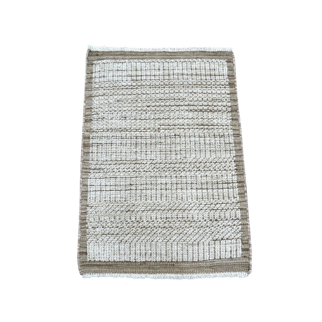 Chiffon White Zep Grass Design Pure Wool Hand-Knotted 2'9" Rug: Chiffon White Zep Grass Design Pure Wool Hand-Knotted 2'9" Rug Experience the timeless elegance of Afghan craftsmanship in this exquisite, hand-knotted wool rug. Measuring 2'9" x 24", its soft ivory h