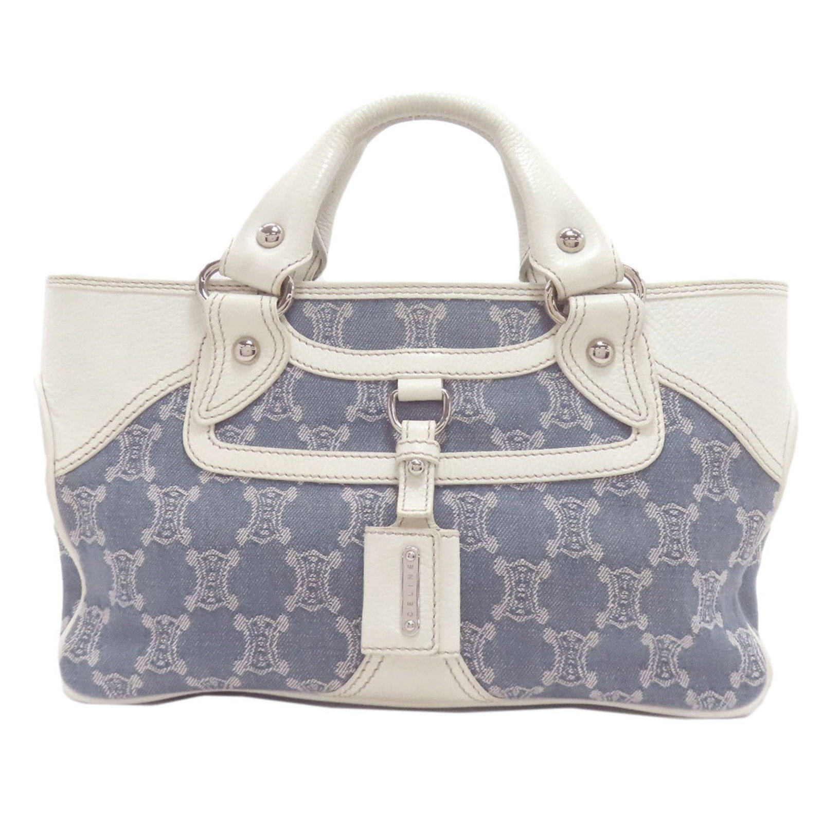 Celine Denim Leather Handbag: Celine Denim Leather Handbag A stunning Celine denim leather handbag in light blue and white, boasting the iconic brand's signature style with a unique twist on classic design. With its durable denim