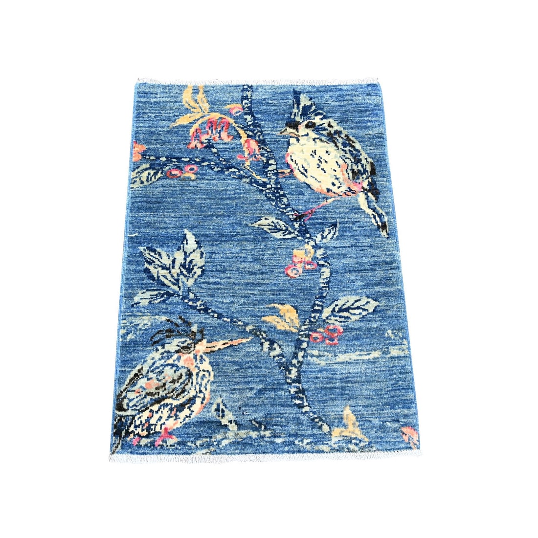 Rug 2'x2'10" Blue Sparrows on the Tree Hand Knotted Soft Wool Sample: Rug 2'x2'10" Blue Sparrows on the Tree Hand Knotted Soft Wool Sample Experience the rich beauty of Afghan craftsmanship with this stunning 2'x2'10" blue sparrow rug, hand-knotted from soft wool and fe