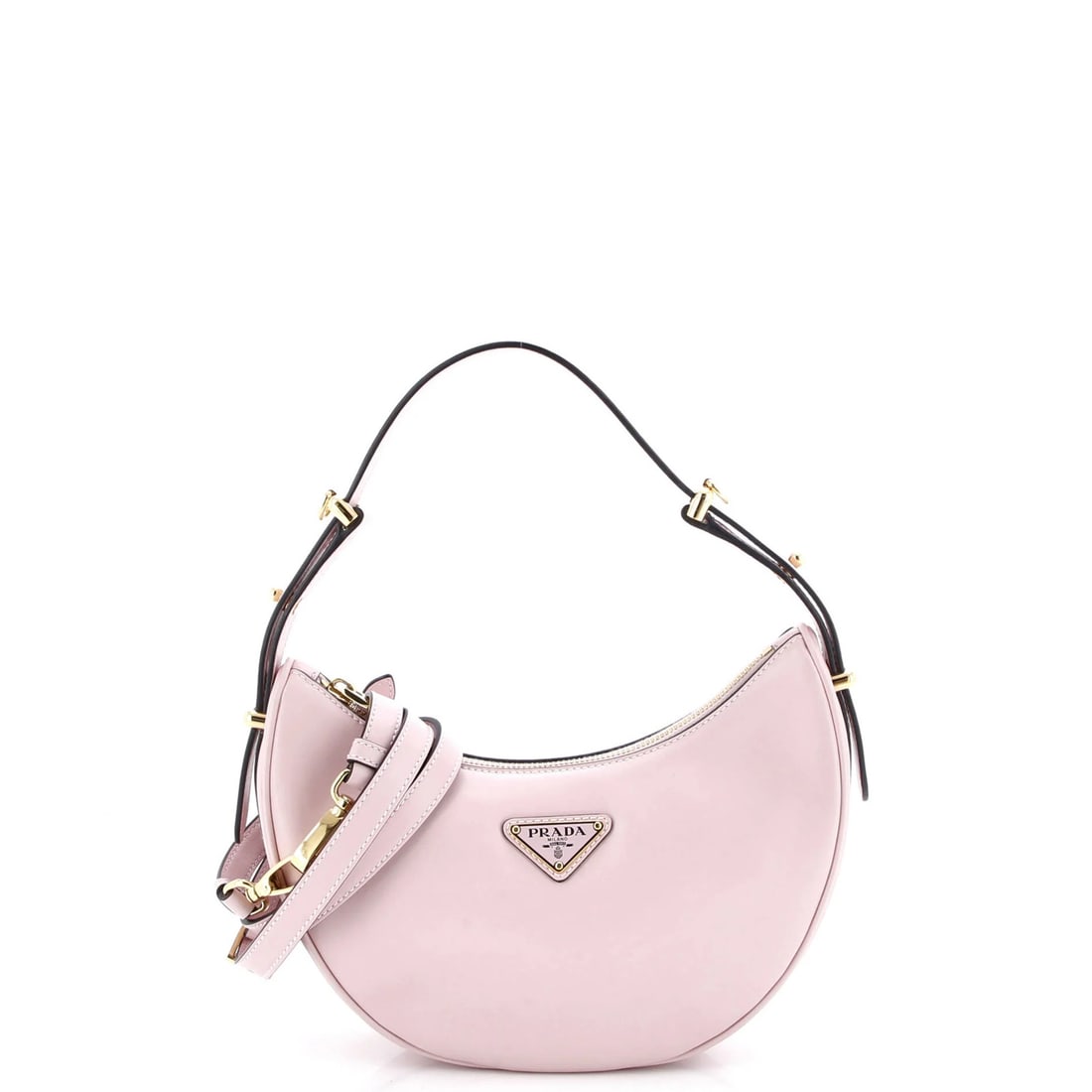 Small Prada Arque Half Moon Hobo Leather: Small Prada Arque Half Moon Hobo Leather A stunning Small Prada Arque Half Moon Hobo Leather bag in soft pink leather, boasting clean lines and classic design. With its spacious interior and gold hard