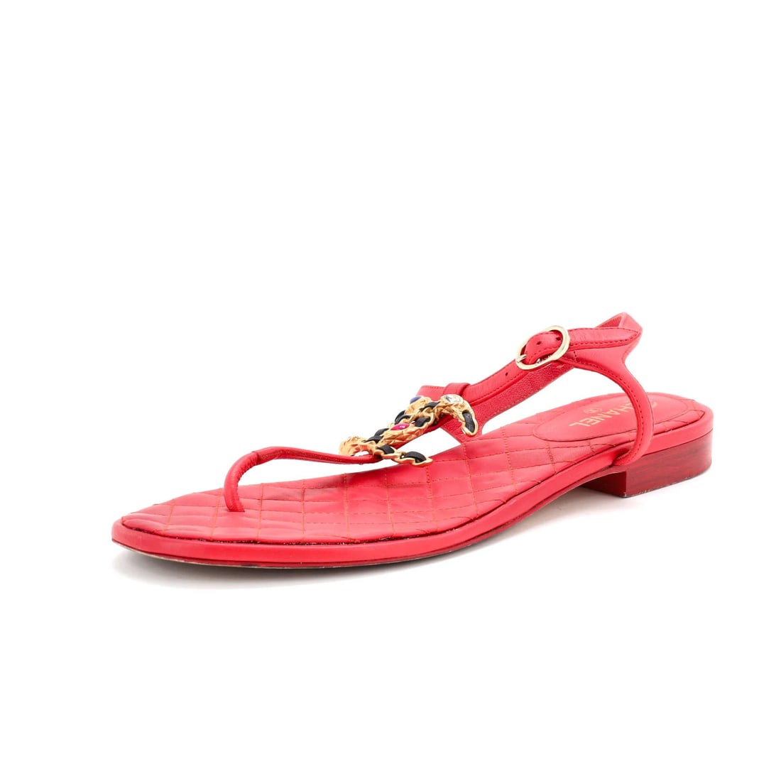 Chanel Women's CC Chain T-Strap Quilted Leather Sandals: Chanel Women's CC Chain T-Strap Quilted Leather Sandals Elevate your shoe game with the iconic Chanel CC Chain T-Strap Quilted Leather Sandals, boasting a striking red hue and sleek chain strap detail