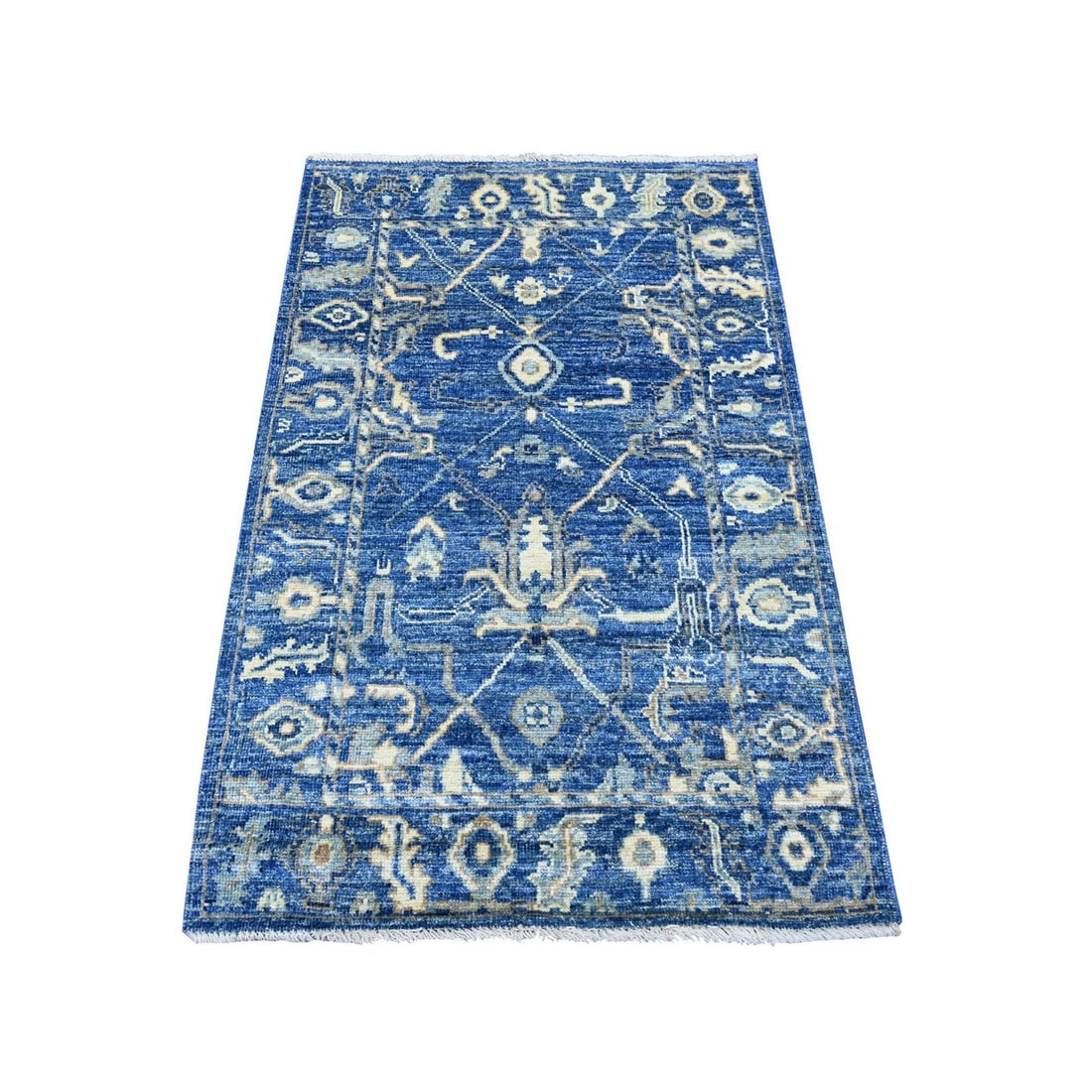 Rug 3'1"x4'8" Bayern Blue Angora Oushak All Over Design Hand Knotted Wool: Rug 3'1"x4'8" Bayern Blue Angora Oushak All Over Design Hand Knotted Wool Experience the rich beauty of Afghan craftsmanship with this stunning 3'1"x4'8" Bayern Blue Angora Oushak all-over design hand