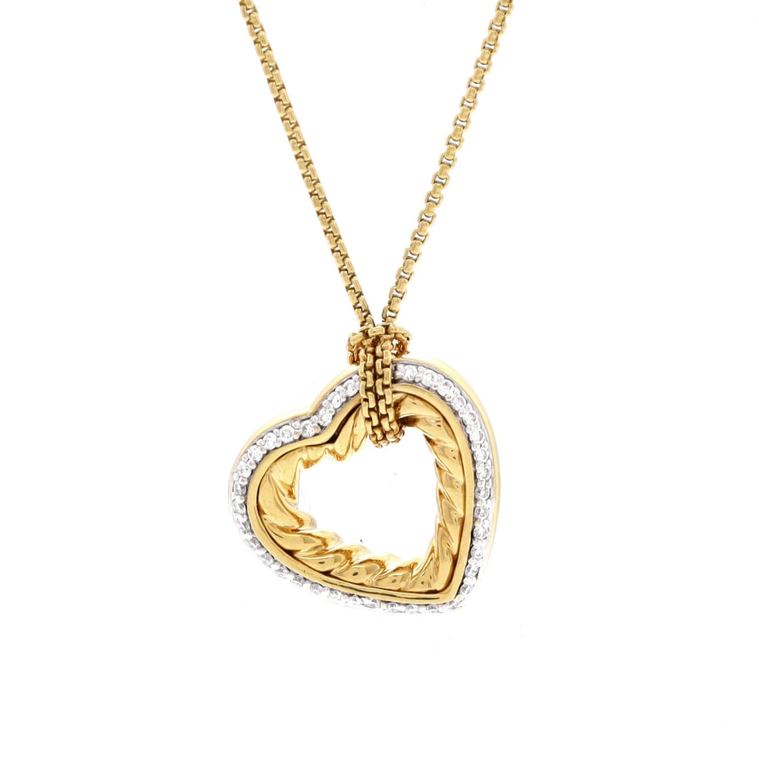 David Yurman Cable Heart Pendant Necklace in 18k Yellow Gold with Diamonds: David Yurman Cable Heart Pendant Necklace in 18k Yellow Gold with Diamonds Elevate your style with the iconic Cable Heart Pendant Necklace, crafted from 18k yellow gold and adorned with sparkling diam