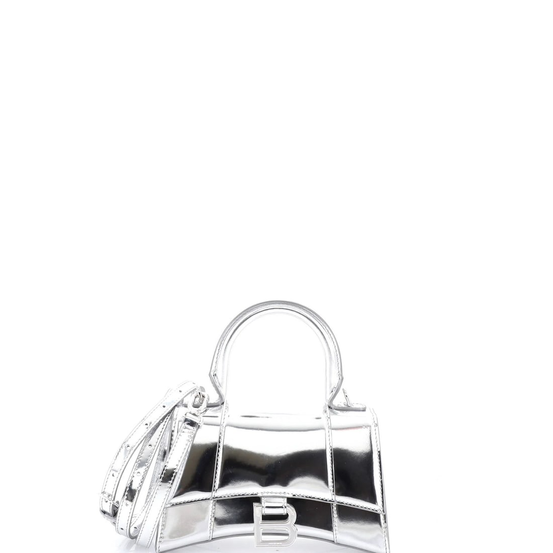 Balenciaga Hourglass Leather Top Handle Bag (XS): Balenciaga Hourglass Leather Top Handle Bag (XS) Elevate your style with the iconic Balenciaga Hourglass Leather Top Handle Bag, boasting sleek patent leather exterior in silver and understated gray i