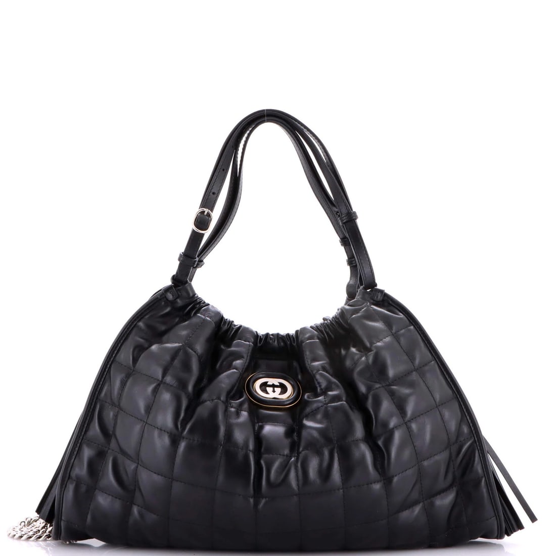 Gucci Deco Medium Matelasse Leather Tote: Gucci Deco Medium Matelasse Leather Tote Experience the timeless elegance of Gucci's Deco Medium Matelasse Leather Tote, boasting sleek black exterior and luxurious microfiber interior. With its class