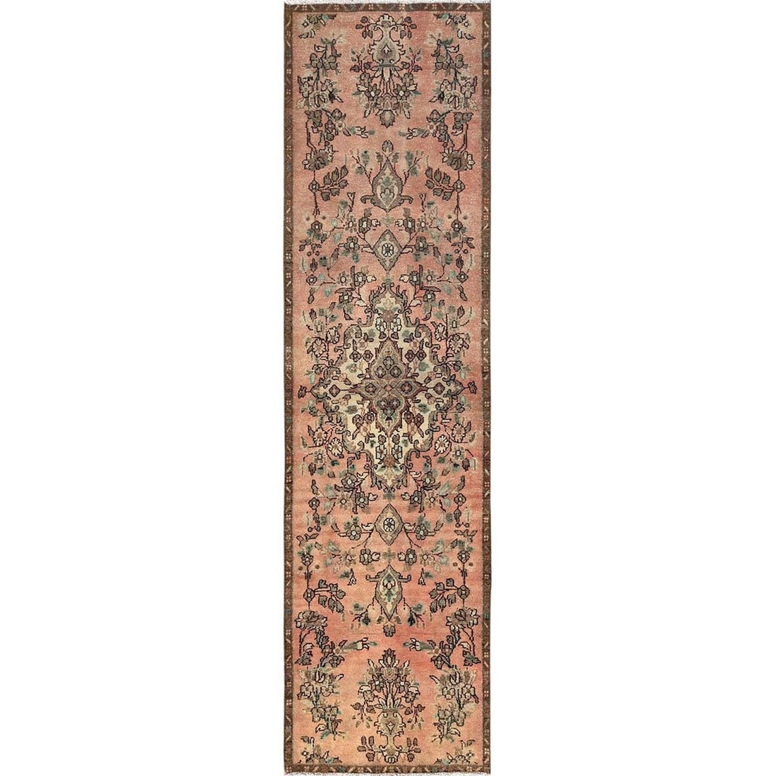 Runner 2'9"x8'8" Peach Color Worn Down Vintage Zoroastrian Hand Knotted Wool: Runner 2'9"x8'8" Peach Color Worn Down Vintage Zoroastrian Hand Knotted Wool This stunning vintage Zoroastrian hand-knotted wool runner boasts an elegant medallion pattern in soft peach hues, adding w