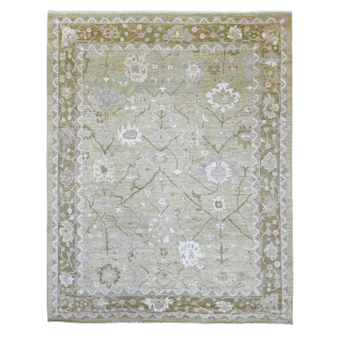 Rug 9'2"x11'6" Green Afghan Angora Oushak Leaf Design Hand Knotted Wool: Rug 9'2"x11'6" Green Afghan Angora Oushak Leaf Design Hand Knotted Wool Experience the rich beauty of traditional Afghan craftsmanship in this stunning 9'2"x11'6" Green Afghan Angora Oushak Leaf Desig