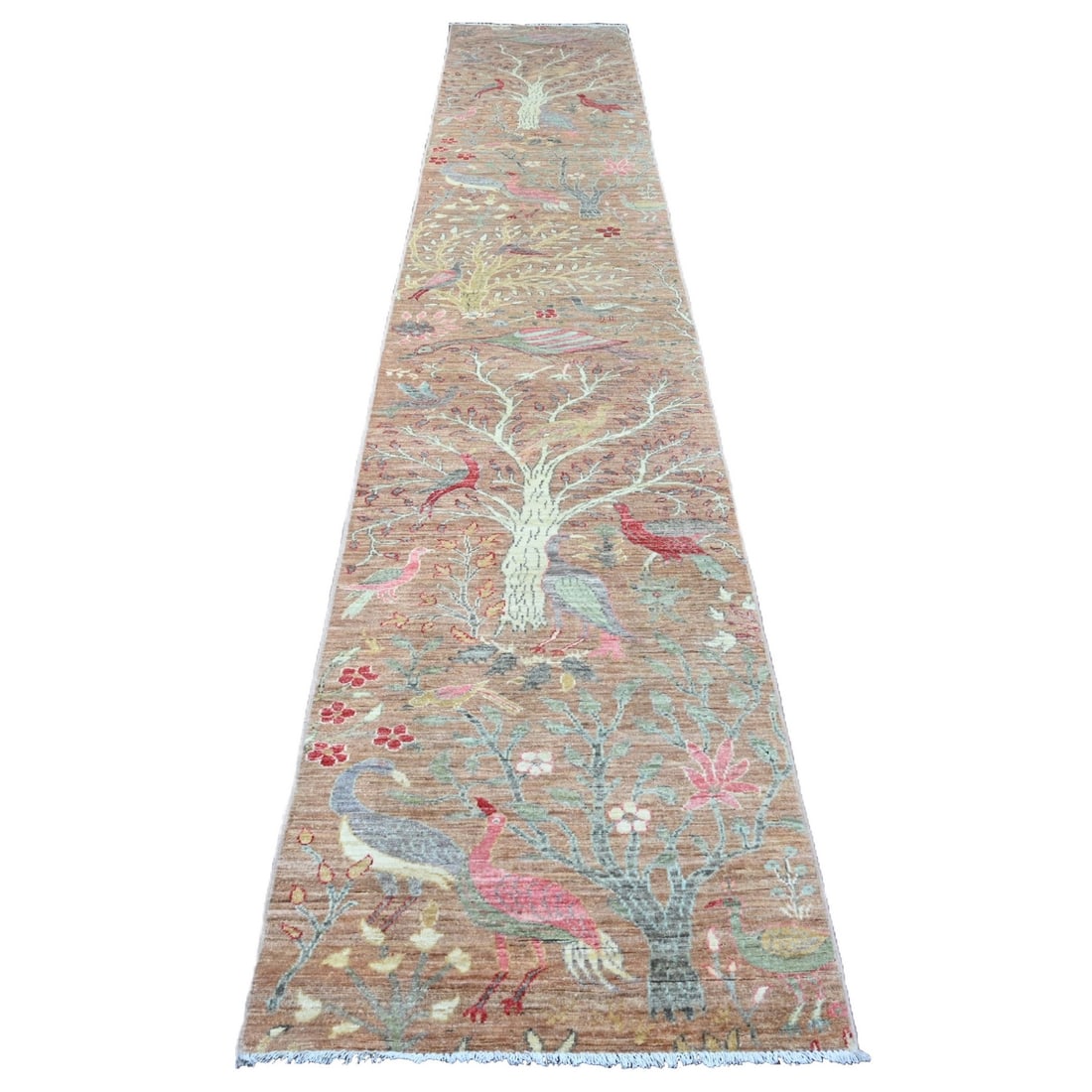 Rug 2'7"x15' Brown Afghan Peshawar Birds Design Hand Knotted Wool Runner: Rug 2'7"x15' Brown Afghan Peshawar Birds Design Hand Knotted Wool Runner Experience the rich cultural heritage of Afghanistan with this stunning, hand-knotted wool rug from Peshawar, featuring an intr