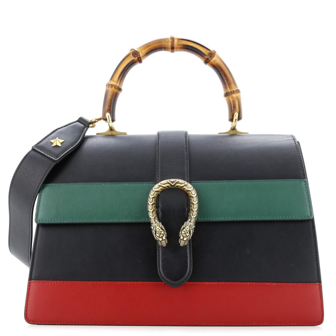 Gucci Dionysus Bamboo Top Handle Bag - Colorblock Leather Large: Gucci Dionysus Bamboo Top Handle Bag - Colorblock Leather Large The Gucci Dionysus Bamboo Top Handle Bag is a statement piece with its bold colorblock leather design and signature bamboo handle. With