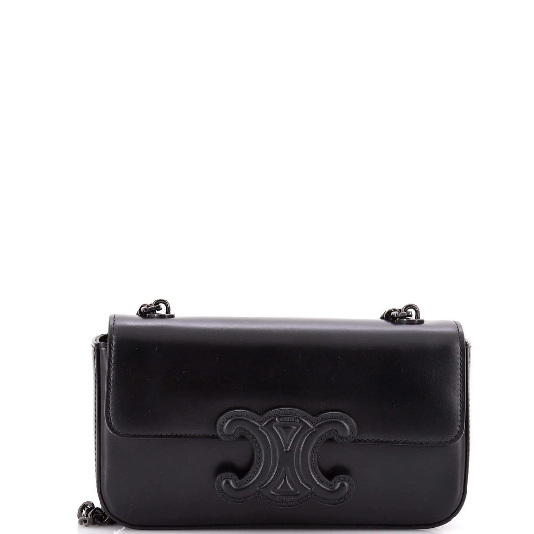 Celine Triomphe Leather Small Chain Shoulder Bag: Celine Triomphe Leather Small Chain Shoulder Bag Experience the timeless elegance of the Celine Triomphe Leather Small Chain Shoulder Bag, with its sleek black leather exterior and sophisticated chain