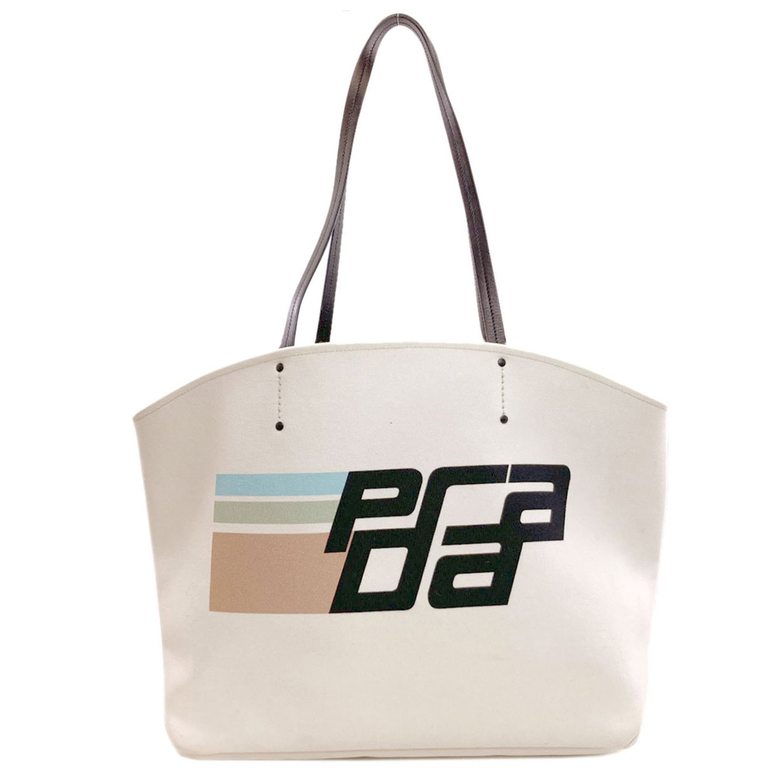 Canvas Prada Tote Bag: Canvas Prada Tote Bag A pre-owned Prada canvas tote bag in stunning green, light blue, and white hues, boasting a classic design that exudes timeless elegance. With its durable canvas material and spa