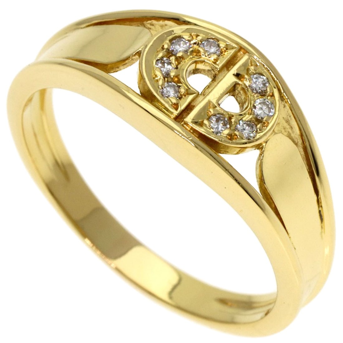 Gold Dior Logo diamond Ring K18 Yellow: Gold Dior Logo diamond Ring K18 Yellow Elegance meets luxury in this stunning Dior logo diamond ring, set in K18 yellow gold that boasts exceptional purity and durability. The 7.75 US size ring featur