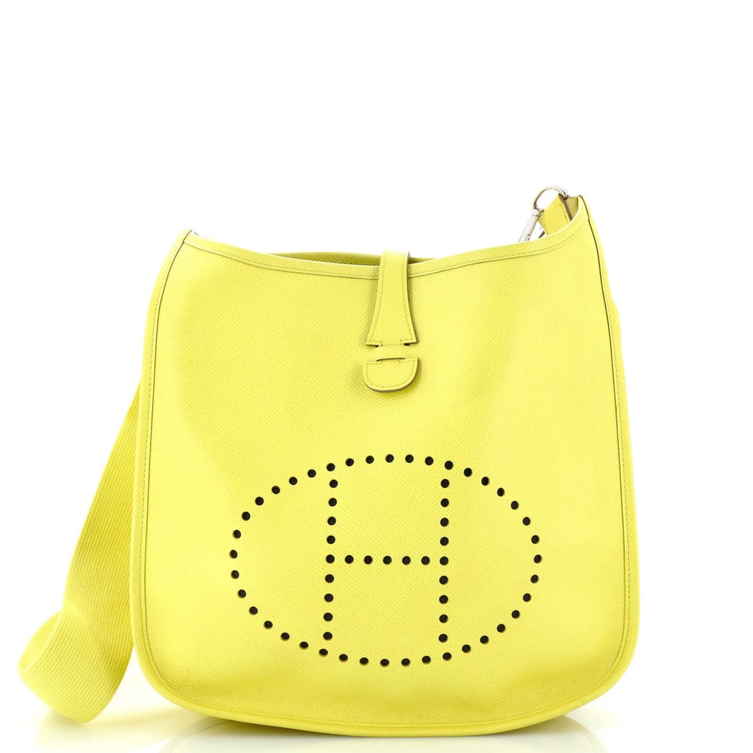 PM Hermes Evelyne Bag Gen III Epsom: PM Hermes Evelyne Bag Gen III Epsom A vibrant and stylish PM Evelyne Bag Gen III Epsom from Herm?s, boasting a sunny yellow exterior that's sure to turn heads. With its classic cross-body design and
