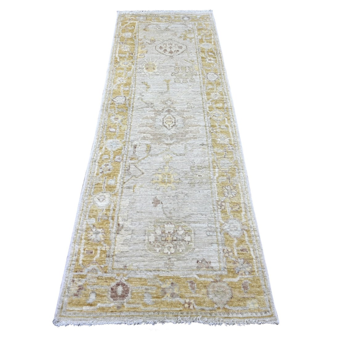 Rug 2'8"x7'10" Gray Angora Oushak Leaf Design Hand Knotted Wool Runner: Rug 2'8"x7'10" Gray Angora Oushak Leaf Design Hand Knotted Wool Runner Experience the rich beauty of traditional Afghan craftsmanship with this stunning Gray Angora Oushak Leaf Design Hand Knotted Woo